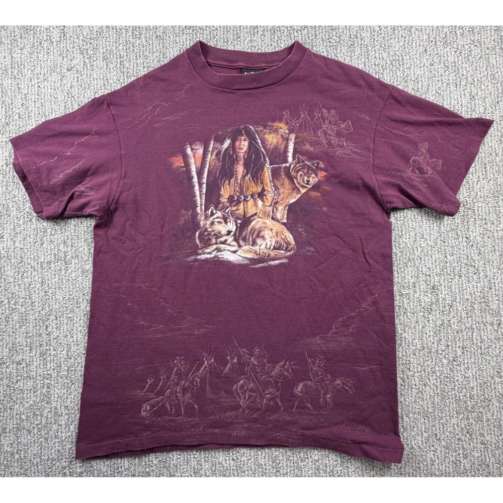 3D Emblem T-Shirt Mens Large Maroon Native American Wolf Graphic Vintage USA